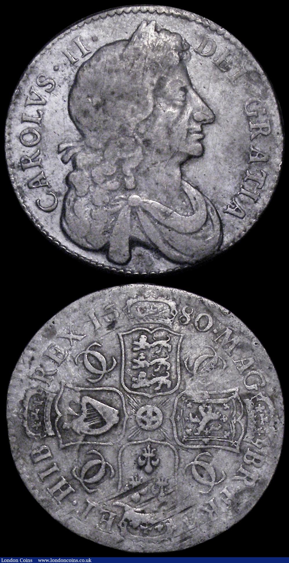 London Coins : A162 : Lot 1860 : Halfcrowns (2) 1680 TRICESIMO SECVNDO ESC 485, Bull 489, VG/NF with some old light surface marks and...