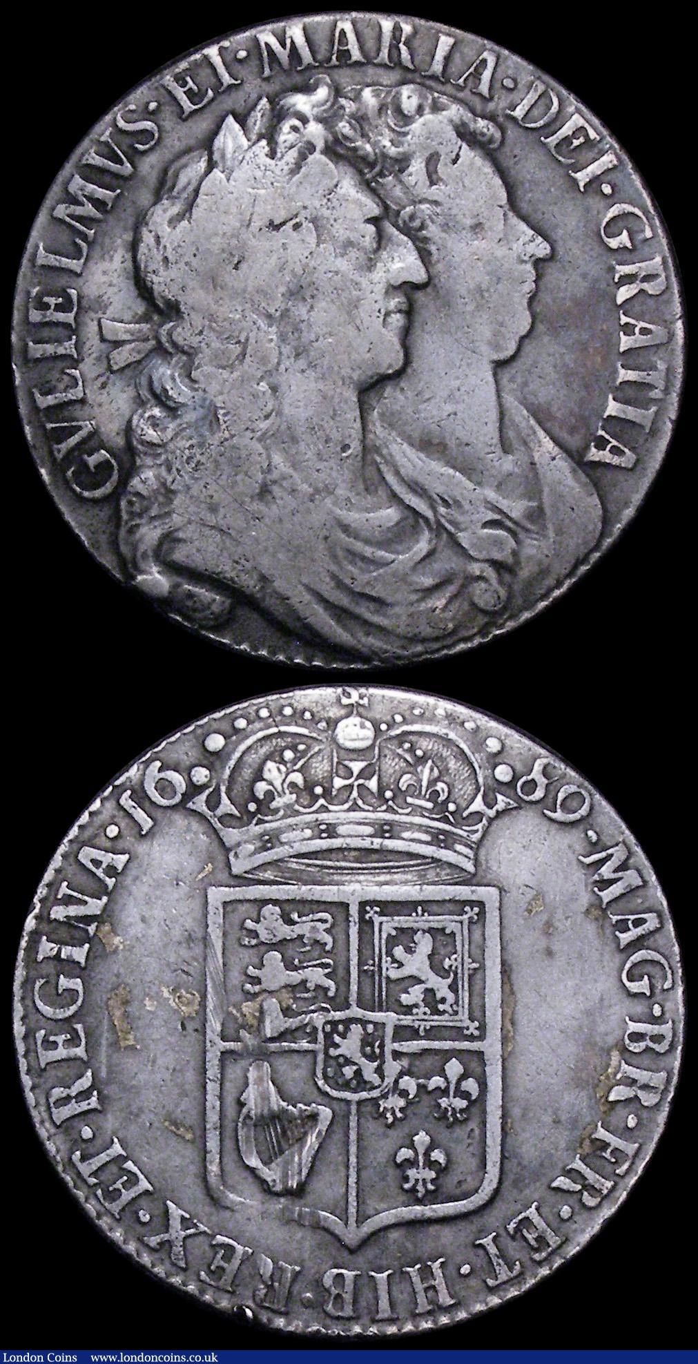 London Coins : A162 : Lot 1861 : Halfcrowns (2) 1689 First Shield, Caul only frosted, with pearls, ESC 505, Bull 831, Near Fine/Fine ...