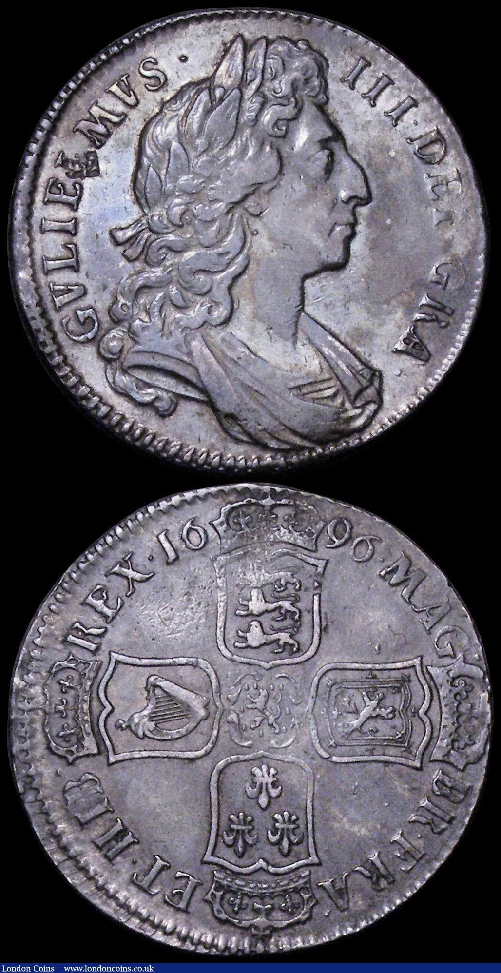 London Coins : A162 : Lot 1863 : Halfcrowns (2) 1696 First Bust, Early Harp, Large Shields ESC 522, Bull 1016 NVF toned with some old...