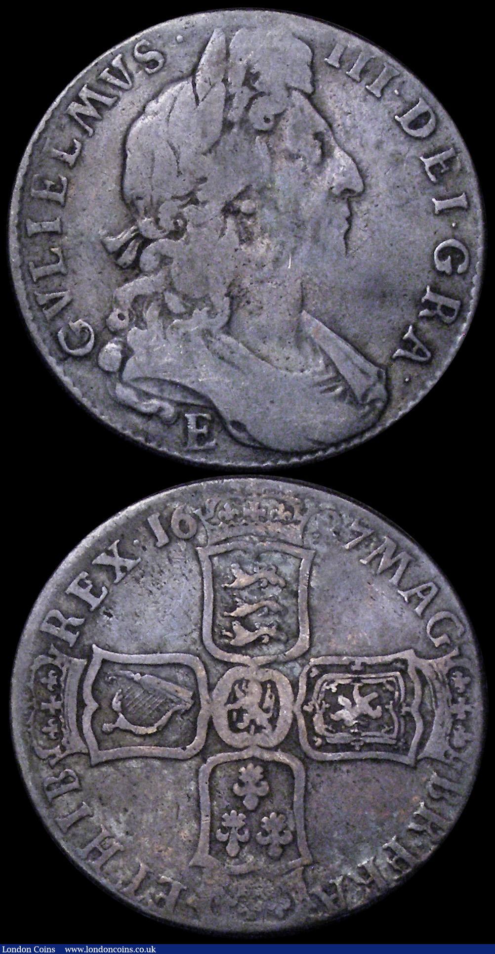London Coins : A162 : Lot 1864 : Halfcrowns (2) 1697y First Bust, Later Harp, Large Shields ESC 551, Bull 1100 Fine, the reverse slig...
