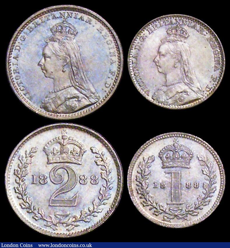 London Coins : A162 : Lot 1869 : Maundy Set 1888 ESC 2502, Bull 3545 A/UNC to UNC with matching tone, the Fourpence, Threepence and T...