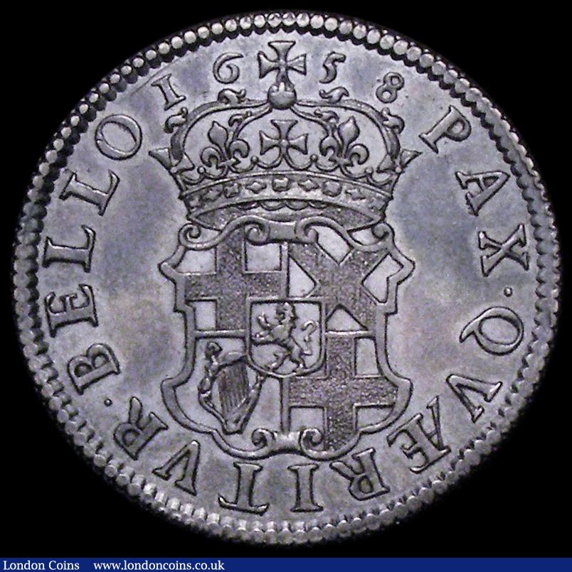 London Coins : A162 : Lot 1879 : Shilling 1658 Cromwell ESC 1005, Bull 254, VF or better and nicely toned