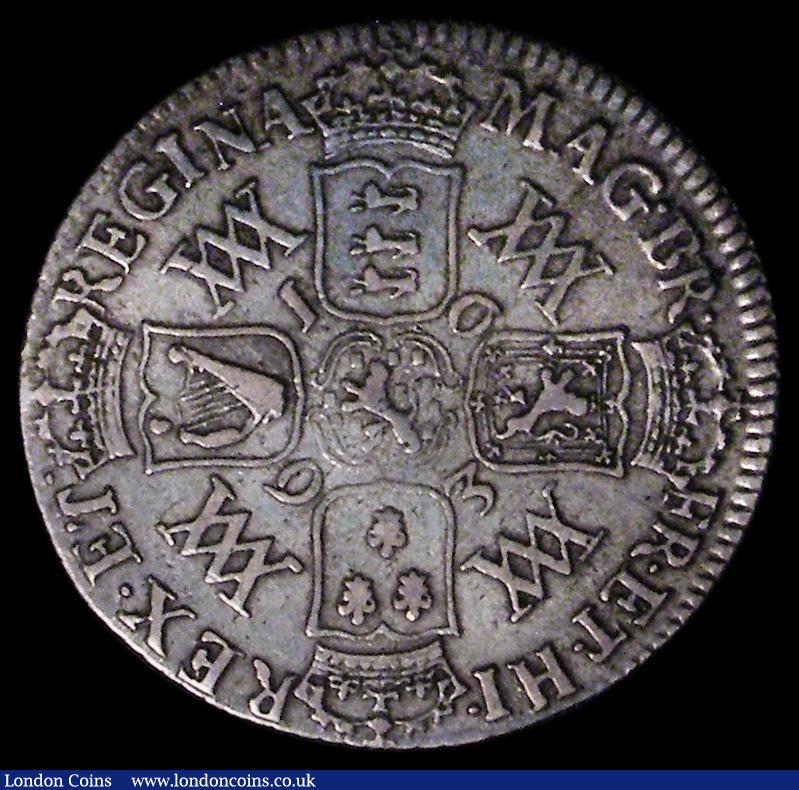 London Coins : A162 : Lot 1883 : Shilling 1693 Stop after BR, No Stop after REGINA ESC 1076, Bull 868 About Fine/Fine, listed as R4 b...