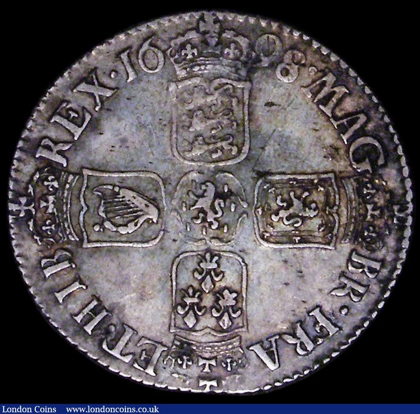 London Coins : A162 : Lot 1884 : Shilling 1698 Fourth Bust 'Flaming Hair' ESC 1115, Bull 1141 VF/Near VF with a contact mar...