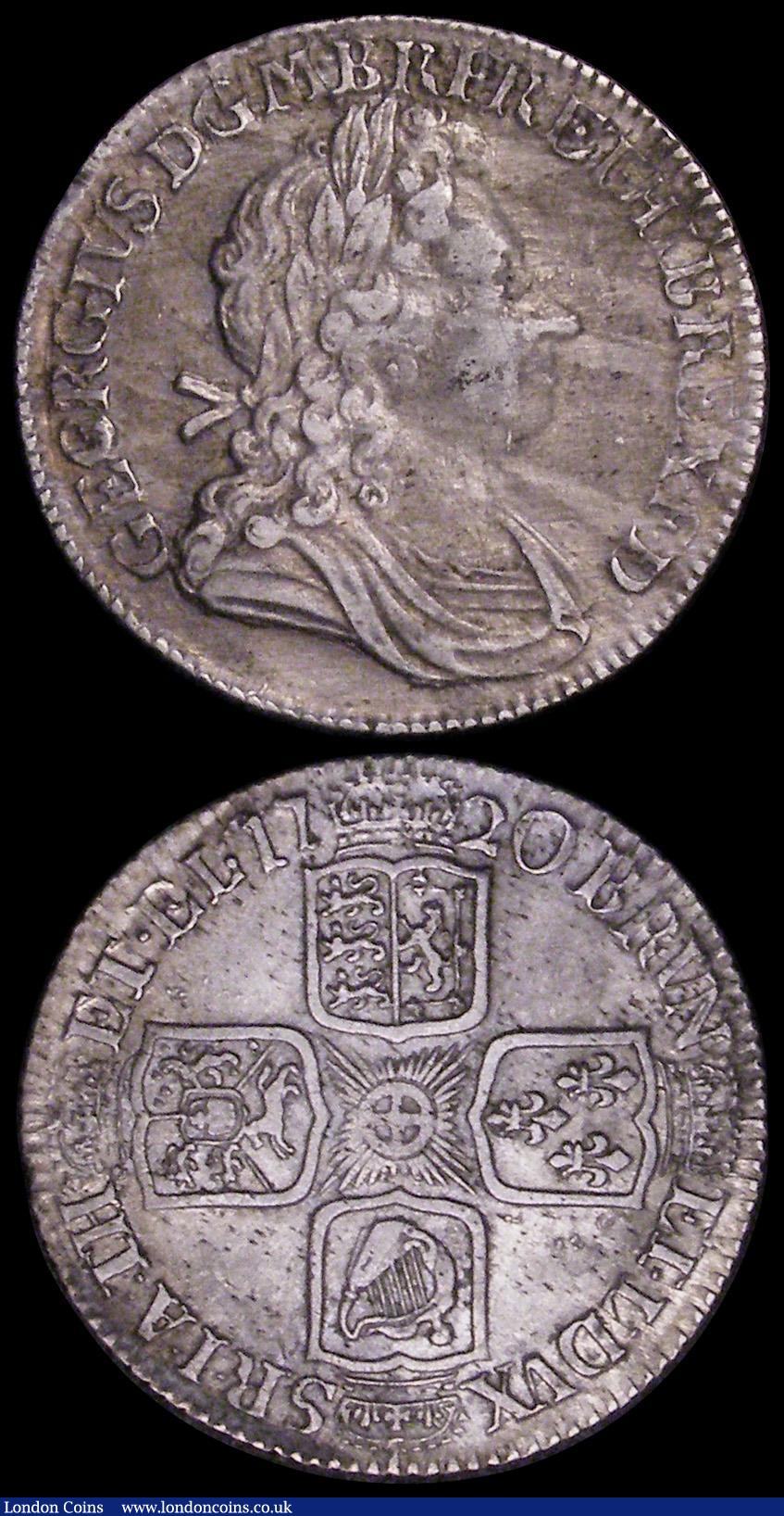 London Coins : A162 : Lot 1886 : Shilling 1720 Plain in angles ESC 1167, Bull 1568 About VF/NVF, 1750 50 over 46 ESC 1211, Bull 1732 ...