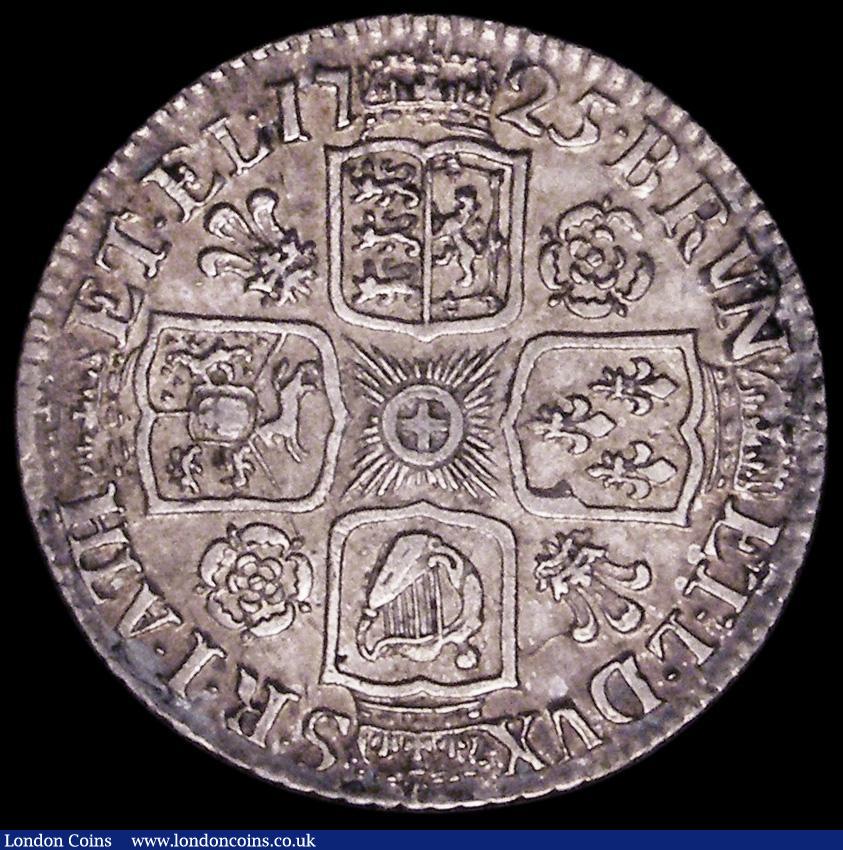 London Coins : A162 : Lot 1887 : Shilling 1725 Roses and Plumes ESC 1183, Bull 1597 GVF and nicely toned with a few light haymarks