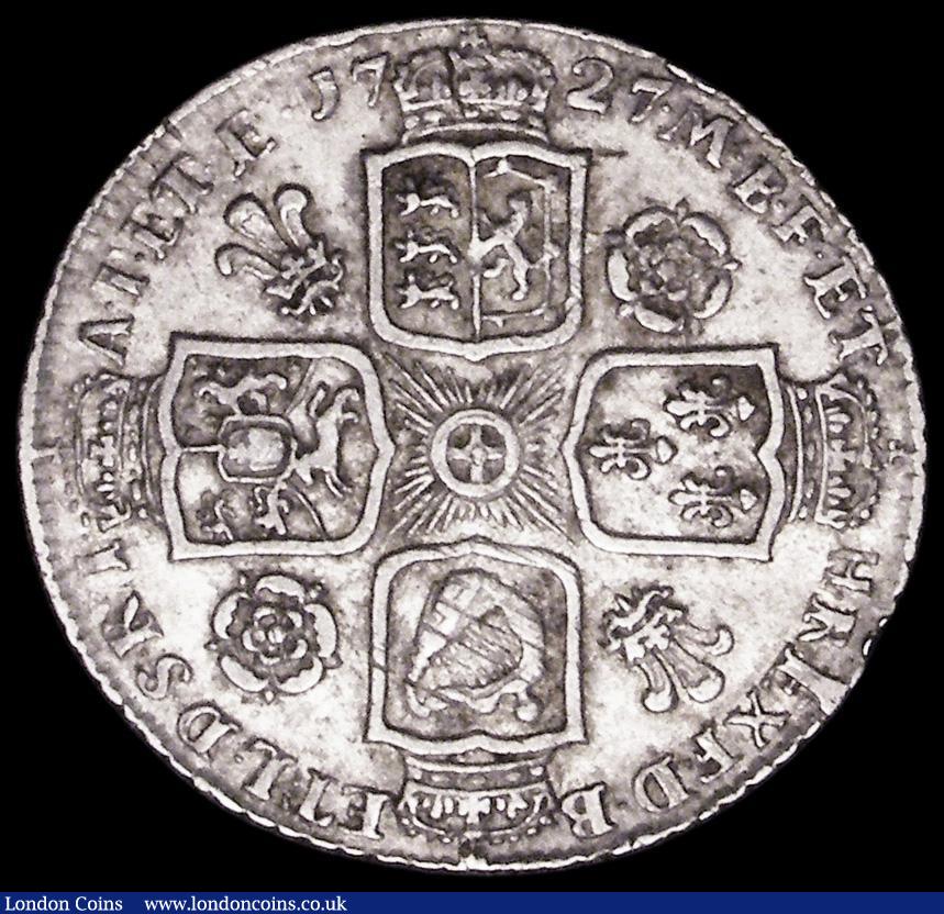 London Coins : A162 : Lot 1888 : Shilling 1727 George II Roses and Plumes ESC 1190, Bull 1695 NVF/VF with a small adjustment mark on ...