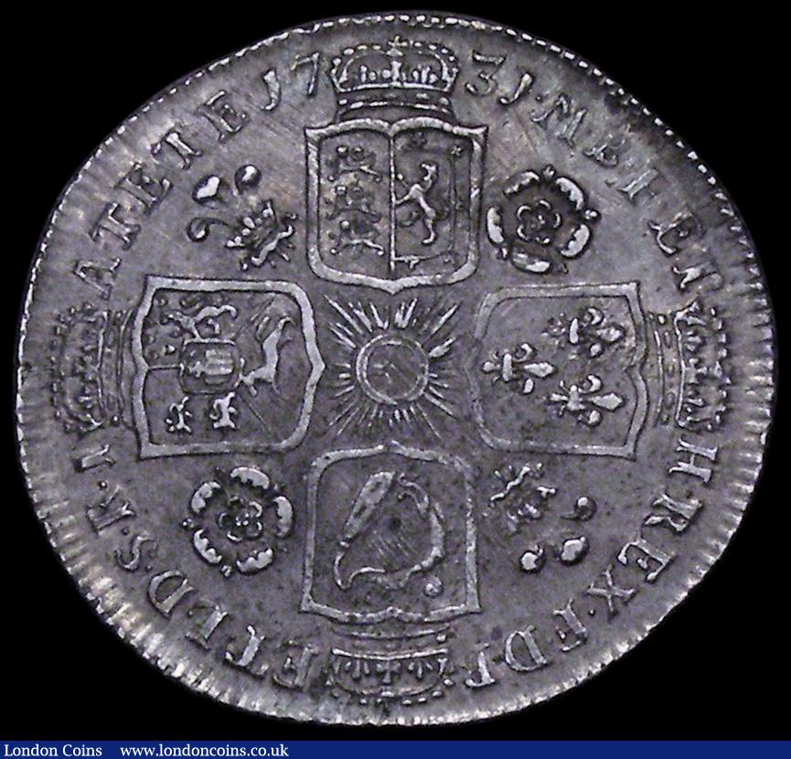 London Coins : A162 : Lot 1889 : Shilling 1731 Roses and Plumes ESC 1194, Bull 1703 GVF/NEF with an old grey tone, the reverse with s...