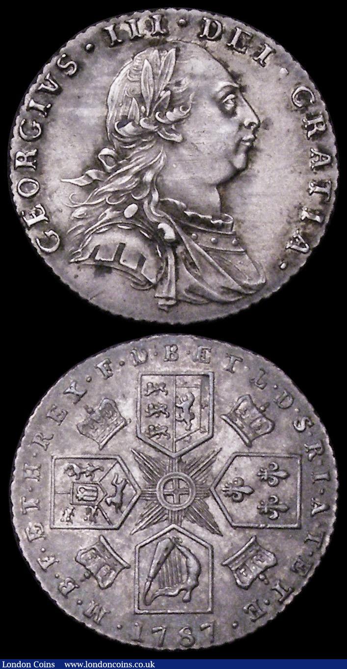 London Coins : A162 : Lot 1892 : Shilling 1787 Hearts ESC 1225, Bull 2129 UNC and richly toned with minor cabinet friction, Sixpence ...