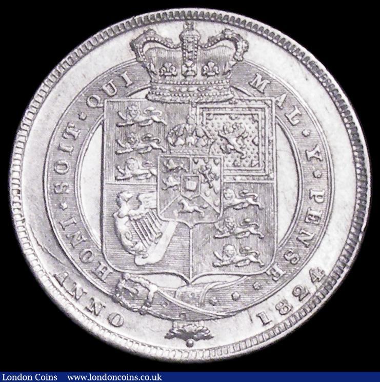 London Coins : A162 : Lot 1894 : Shilling 1824 ESC 1251, Bull 2400 EF with two small rim nicks 