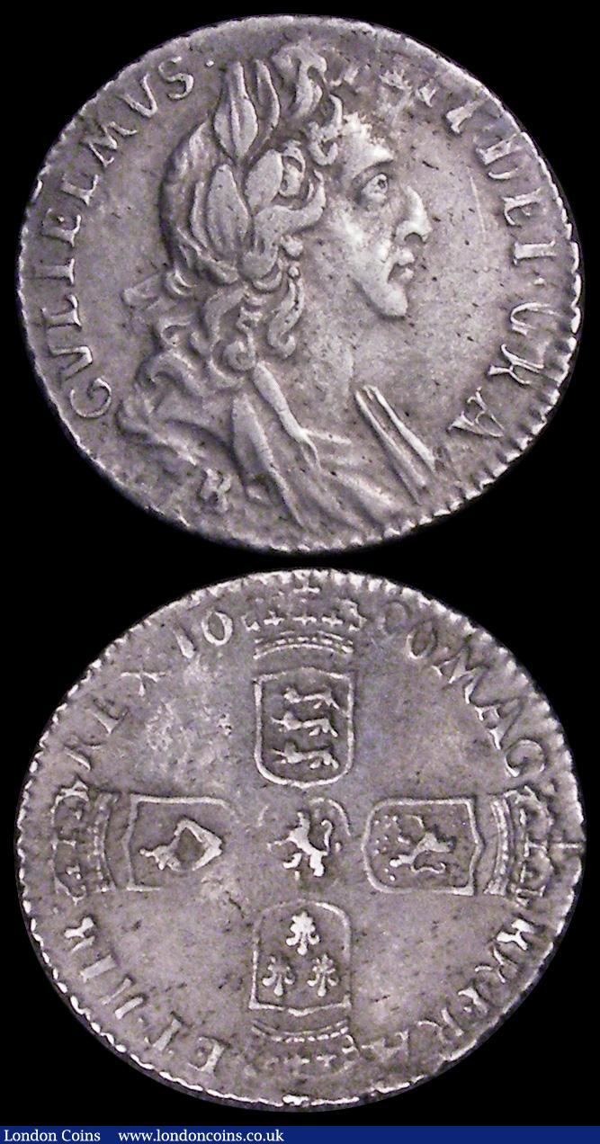 London Coins : A162 : Lot 1899 : Shillings (2) 1697C First Bust ESC 1052, Bull 1165 Fine with grey tone, 1697C Third Bust, Large Lett...