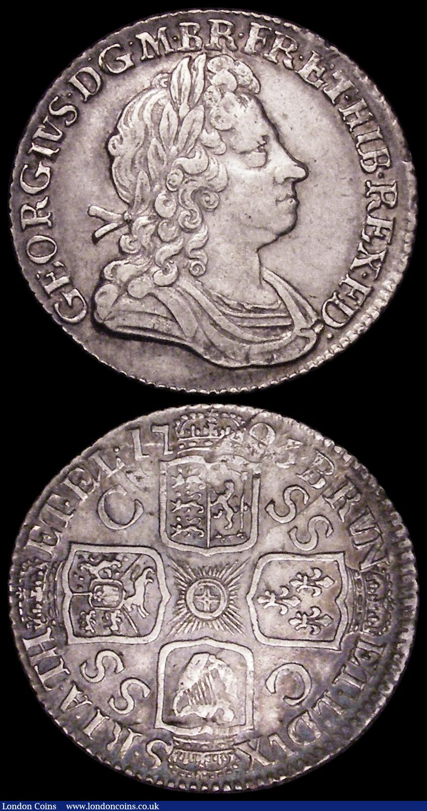 London Coins : A162 : Lot 1900 : Shillings (2) 1723 SSC First Bust ESC 1176, Bull 1586 VF/GVF, 1745 LIMA ESC 1204, Bull 1722 Fine/Goo...