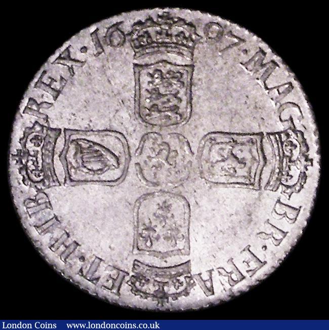 London Coins : A162 : Lot 1905 : Sixpence 1697 GVLIEIMVS error, Third Bust, Later Harp, Large Crowns ESC 1566C, Bull 1237 Lustrous UN...