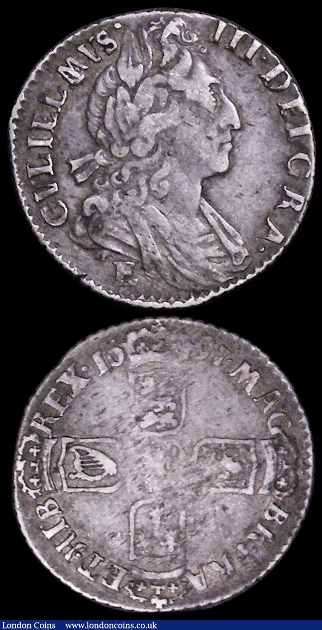 London Coins : A162 : Lot 1907 : Sixpences (2) 1697E Third Bust, Later Harp, Large Crowns ESC 1671, Bull 1286 Good Fine/Fine with som...