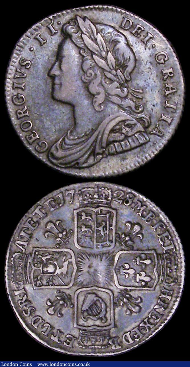 London Coins : A162 : Lot 1908 : Sixpences (2) 1728 Plumes ESC 1605, Bull 1738 Good Fine, the reverse with a small scratch below the ...