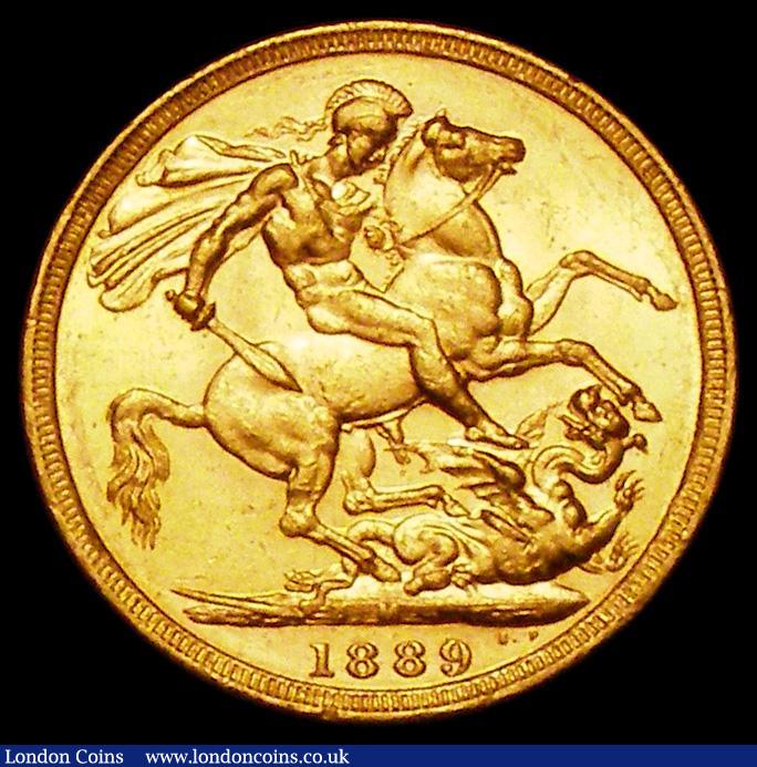 London Coins : A162 : Lot 1959 : Sovereign 1889M G: of D:G: closer to the crown S.3867B, DISH M12, EF and lustrous 