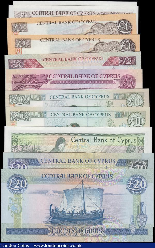 Cyprus (11), 20 Pounds dated 1993 series G932771, (Pick56b), 20 Pounds dated 2001 series V458942, (Pick63b), 10 Pounds dated 1995 series AS 483714, (Pick55d), 10 Pounds dated 1997 series E 841313, (Pick59), 10 Pounds dated 2005 series BV 942020, (Pick62e), 5 Pounds dated 1995 series Q 622312, (Pick54b), 5 Pounds dated 1997 series E 990661, (Pick58), 1 Pound (3) dated 1995 and 2001 including one very low number AW 000027, (Pick53d & Pick60c), 50 Cents dated 1987 series J 305950, (Pick52), the 5 Pounds 1997 good VF the rest all Uncirculated : World Banknotes : Auction 162 : Lot 234