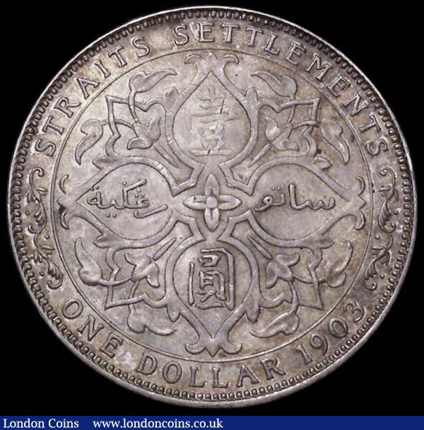 Straits Settlements Dollar 1903 KM#25 GEF toned, with apparently no mintmark on the crown, Krause lists a rare Proof issue without mintmark, comes with an old Seaby ticket for £6 : World Coins : Auction 162 : Lot 2965