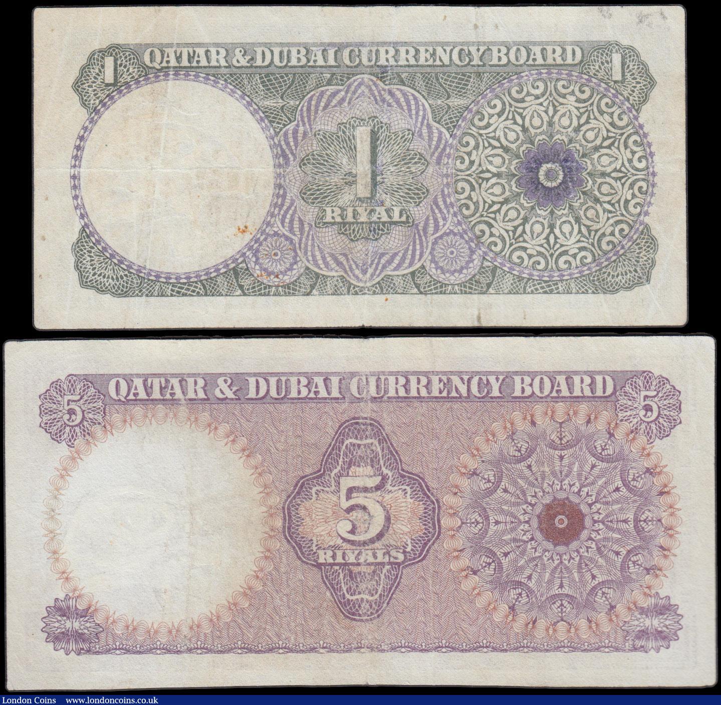 London Coins : A162 : Lot 320 : Qatar & Dubai Currency Board (2) issued 1960's, 1 Riyal series A/5 238724 (Pick1a) cleaned ...
