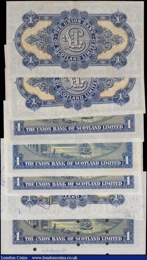 Scotland Union Bank Limited (7), 1 Pound PROOF with 4 large cancellation punch-holes, dated 30th November 1942, printers ink in top border & bank stamp on reverse, (PickS815c) good EF, 1 Pound PROOF with 3 rows of cancellation punch-holes, dated 2nd August 1951, printers annotations and date stamp in borders, (PickS816a) good EF, 1 Pound (2) dated 1942 & 1945 (PickS815c) good Fine & VF, 1 Pound (3) dated 1952, 1953 & 1954, (PickS816a & Pick816b) one good EF the others VF : World Banknotes : Auction 162 : Lot 346