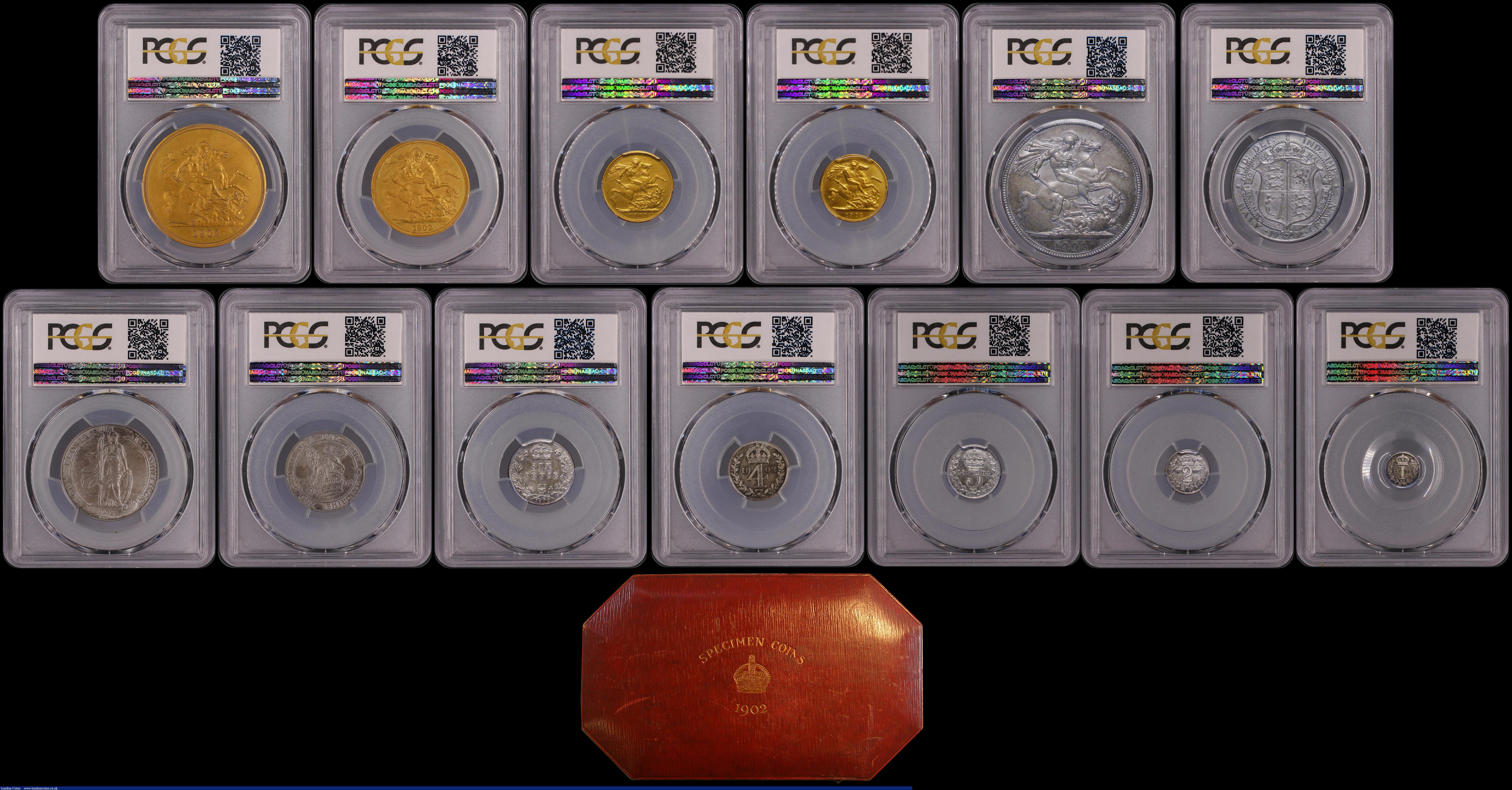 London Coins : A162 : Lot 512 : Proof Set 1902 Long Matt Set 13 coins in PCGS holders as follows: Five Pounds PR63 Matte, Two Pounds...