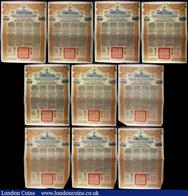 China, Chinese Government 1913 Reorganisation Gold Loan, 10 x bonds for £20, Hong Kong and Shanghai Banking Corporation issue, vignettes of Mercury and Chinese scenes, black & brown with coupons. Generally Fine to VF, with pencil annotations (10). : Bonds and Shares : Auction 163 : Lot 1295