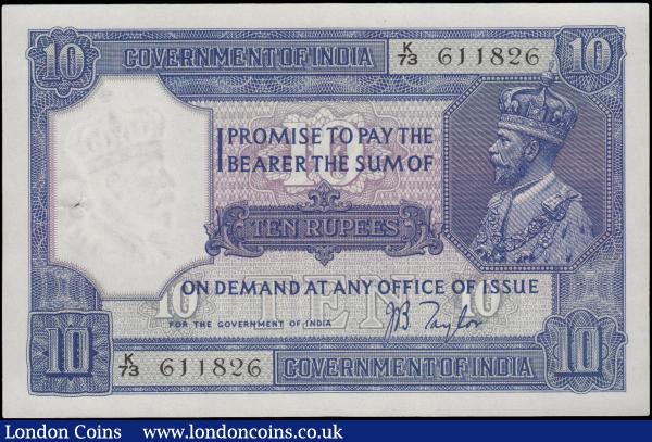 India Government 10 Rupees issued 1917 - 1930 series K/73 611826, portrait King George V at right, signed J.B. Taylor, (Pick7b), usual spindle hole at left, original clean good EF to aUNC, rare in this grade : World Banknotes : Auction 163 : Lot 1479
