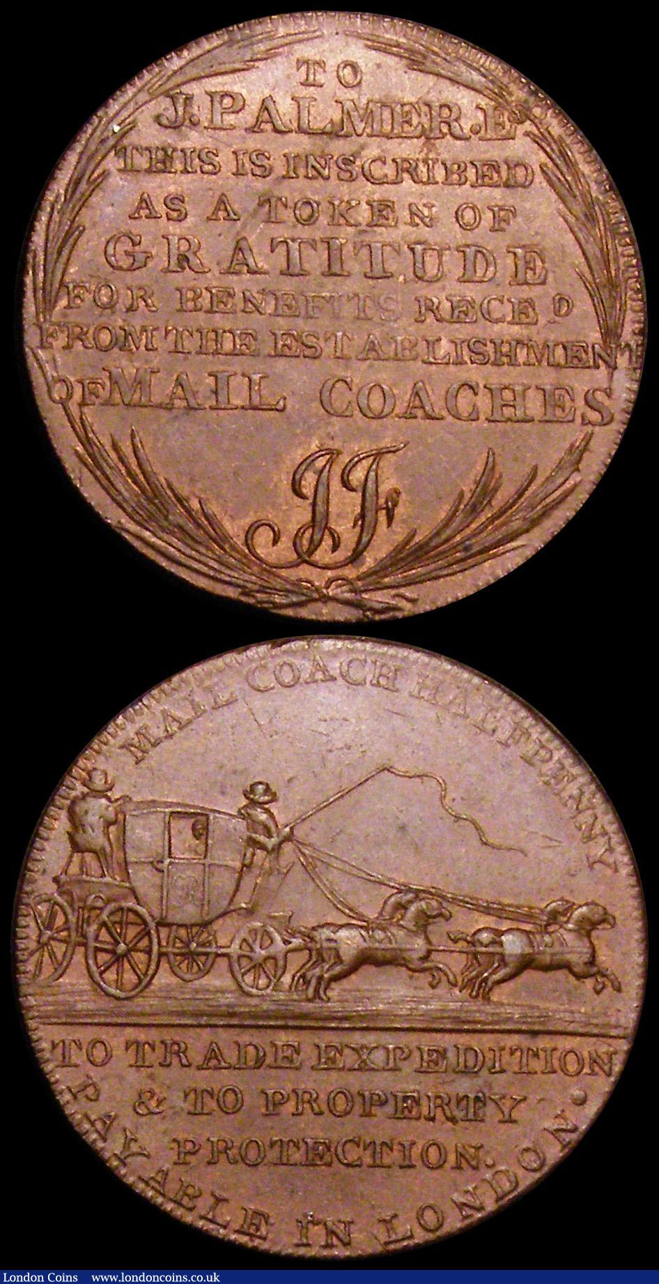 London Coins : A163 : Lot 14 : Halfpennies (2) 18th Century Middlesex Lackingtons undated, J.Palmer Mailcoaches DH363 EF with trace...