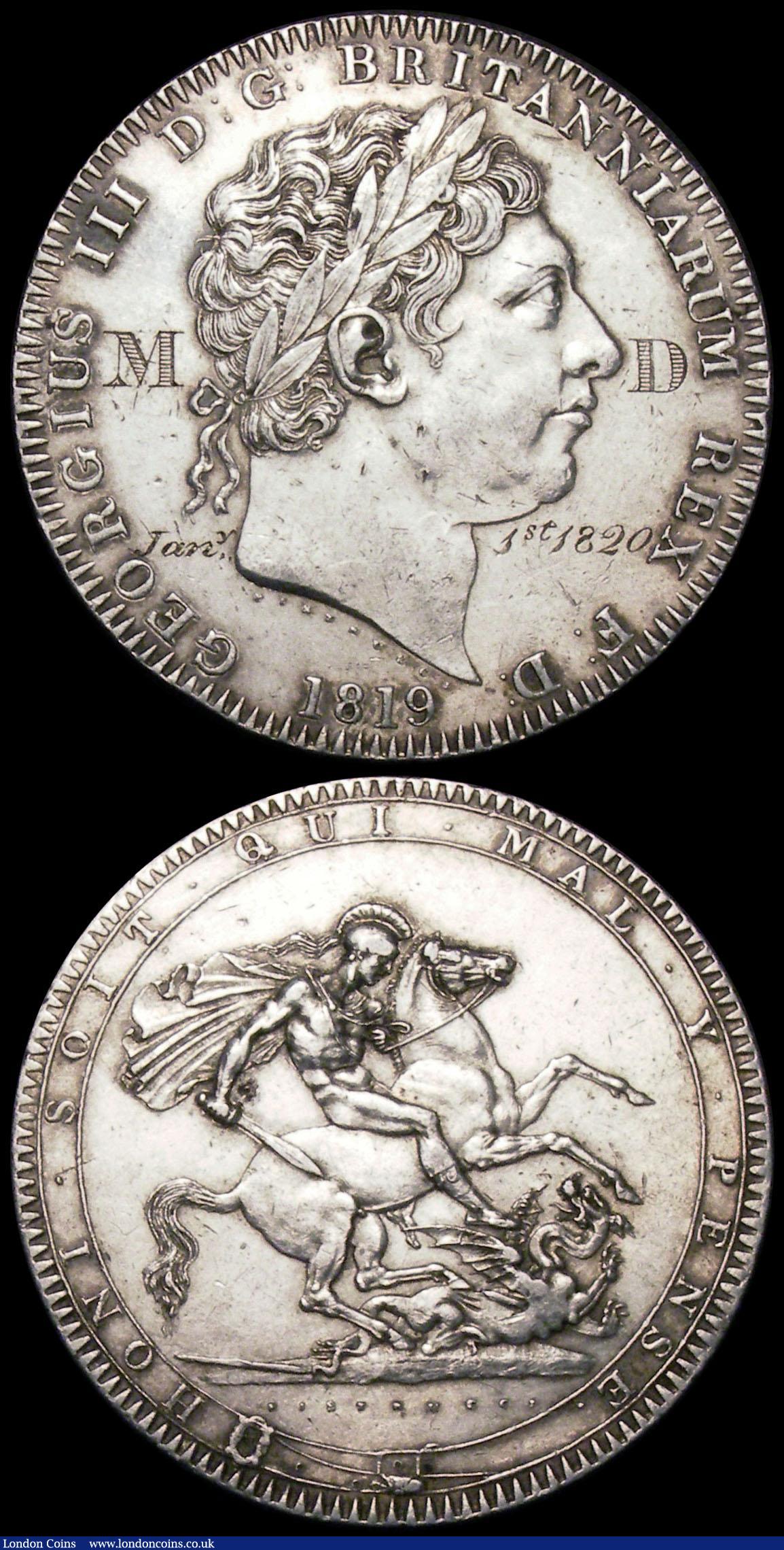 London Coins : A163 : Lot 156 : Engraved Crowns (2) 1819 LX engraved AD Jan 1st 1820 in the obverse field, GVF, and 1819 LIX engrave...