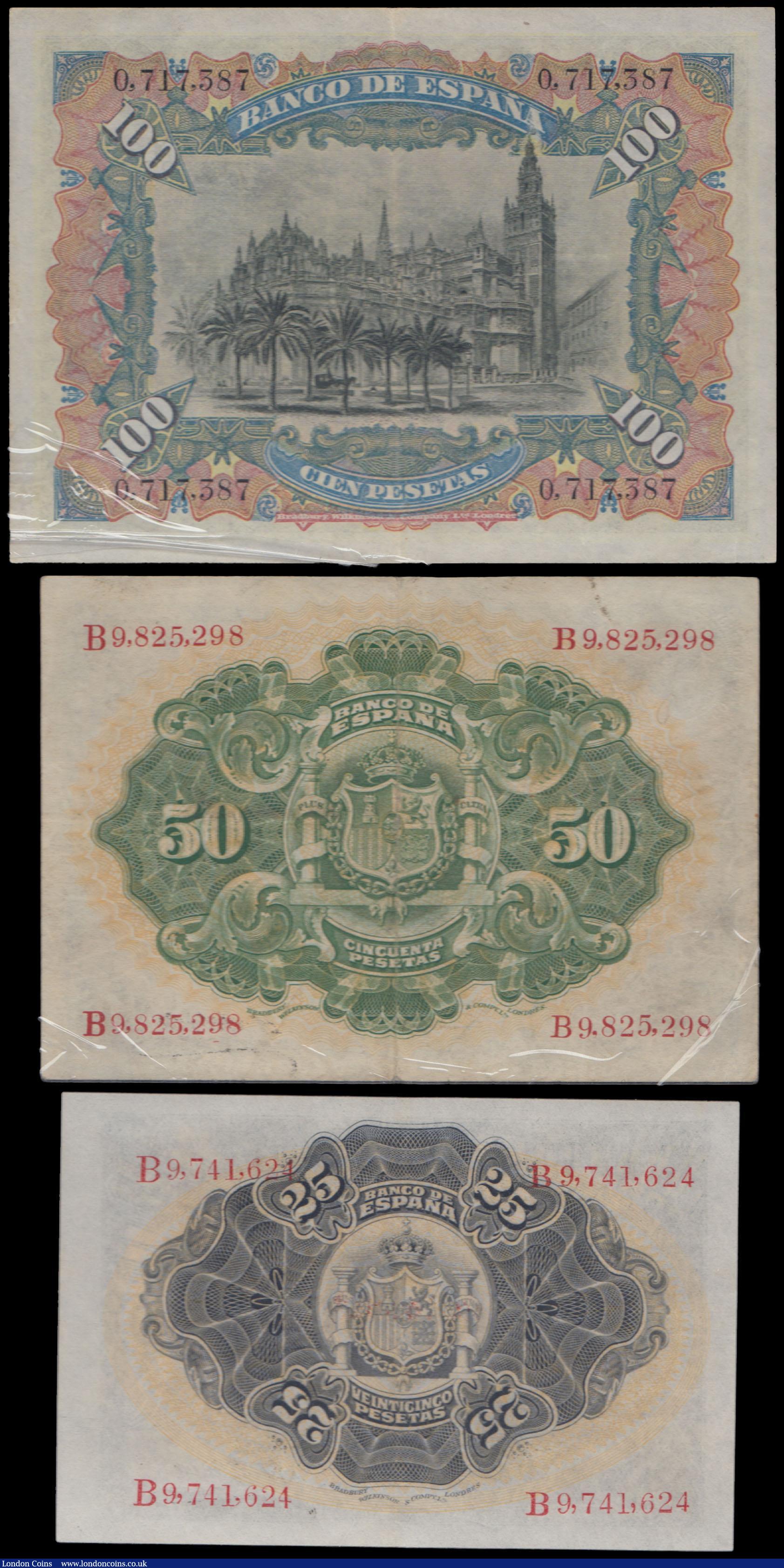 London Coins : A163 : Lot 1579 : Spain (3), 100 Pesetas dated 15th July 1907 series 0,717,387, (Pick64a) in PCGS holder graded 55 abo...