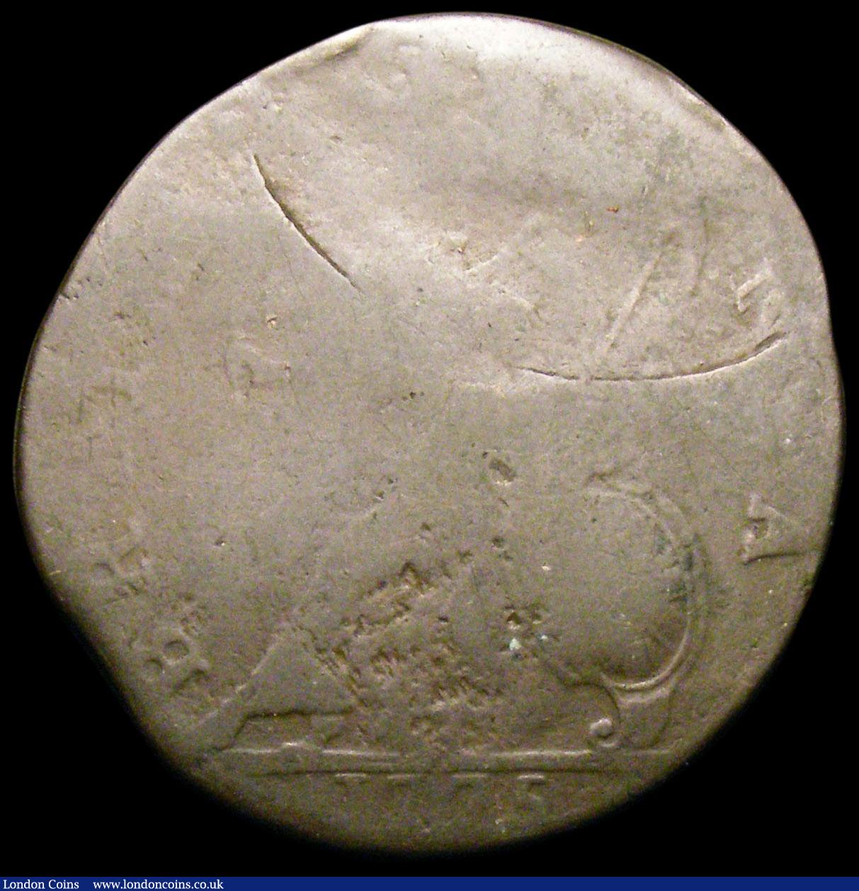 London Coins : A163 : Lot 164 : Mint Error - Mis Strike Halfpenny George III Contemporary Counterfeit 1775 a spectacular double stri...
