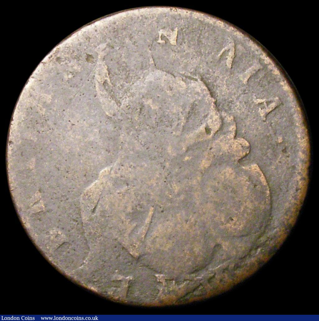 London Coins : A163 : Lot 166 : Mint Error - Mis-Strike Halfpenny 1694 an additional N in BRITANNNIA (3 Ns) and the King's name...