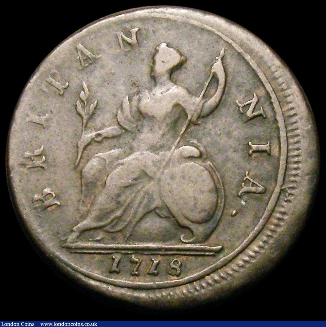 London Coins : A163 : Lot 167 : Mint Error - Mis-Strike Halfpenny George I 1718 Good Fine/Fine struck about 5% off-centre with aroun...