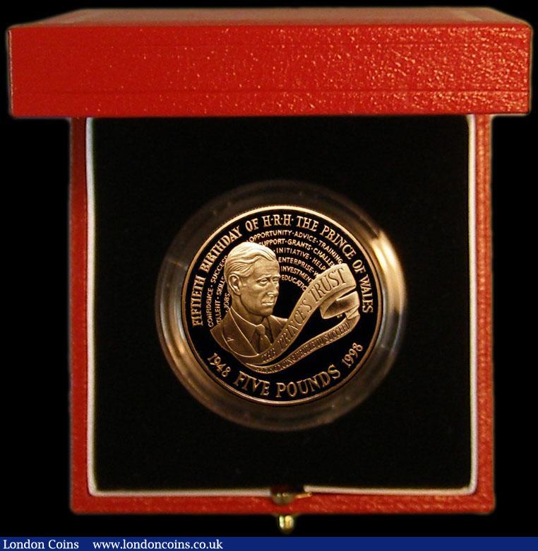 London Coins : A163 : Lot 1695 : Five Pound Crown 1998 Prince Charles 50th Birthday Gold Proof S.L5, FDC in the Royal Mint box of iss...