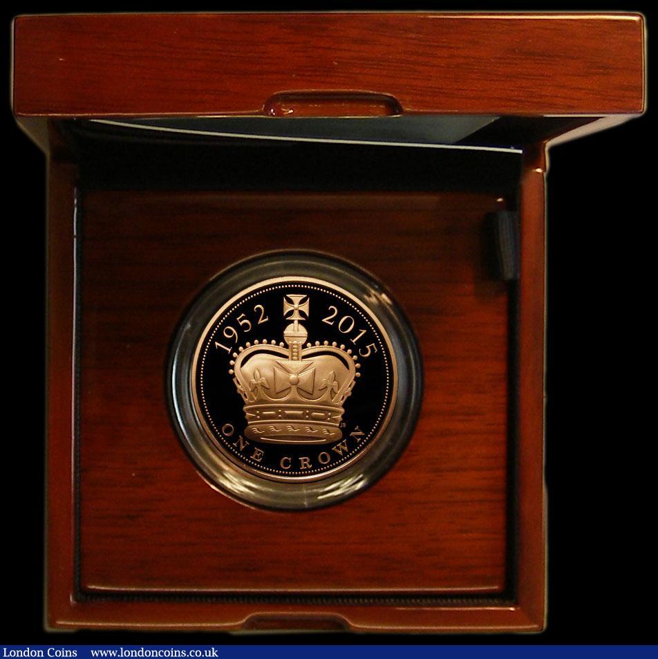 London Coins : A163 : Lot 1713 : Five Pounds 2015 The Longest Reigning Monarch (1952 - 2015) Gold Proof FDC in the Royal Mint's ...