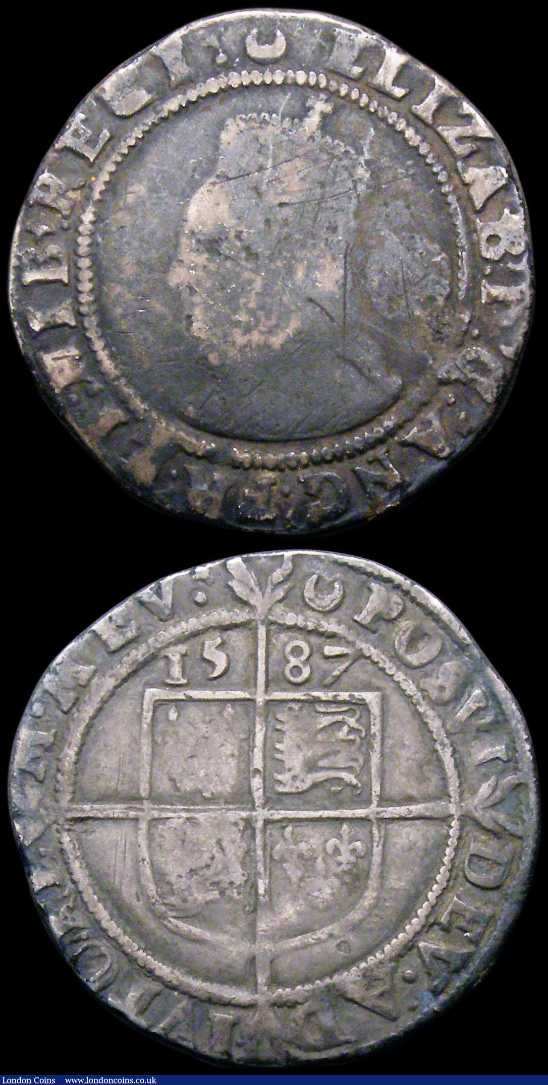 London Coins : A163 : Lot 358 : Sixpences Elizabeth I (2) 1587 Sixth Issue, ELIZAB legend, S.2578A mintmark Crescent VG/NF grey tone...