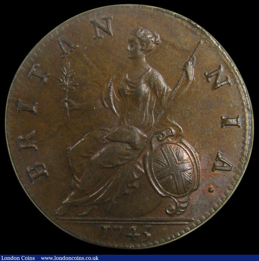 London Coins : A163 : Lot 700 : Halfpenny 1745 Peck 875 UNC an extremely choice example, attractively toned with small traces of lus...