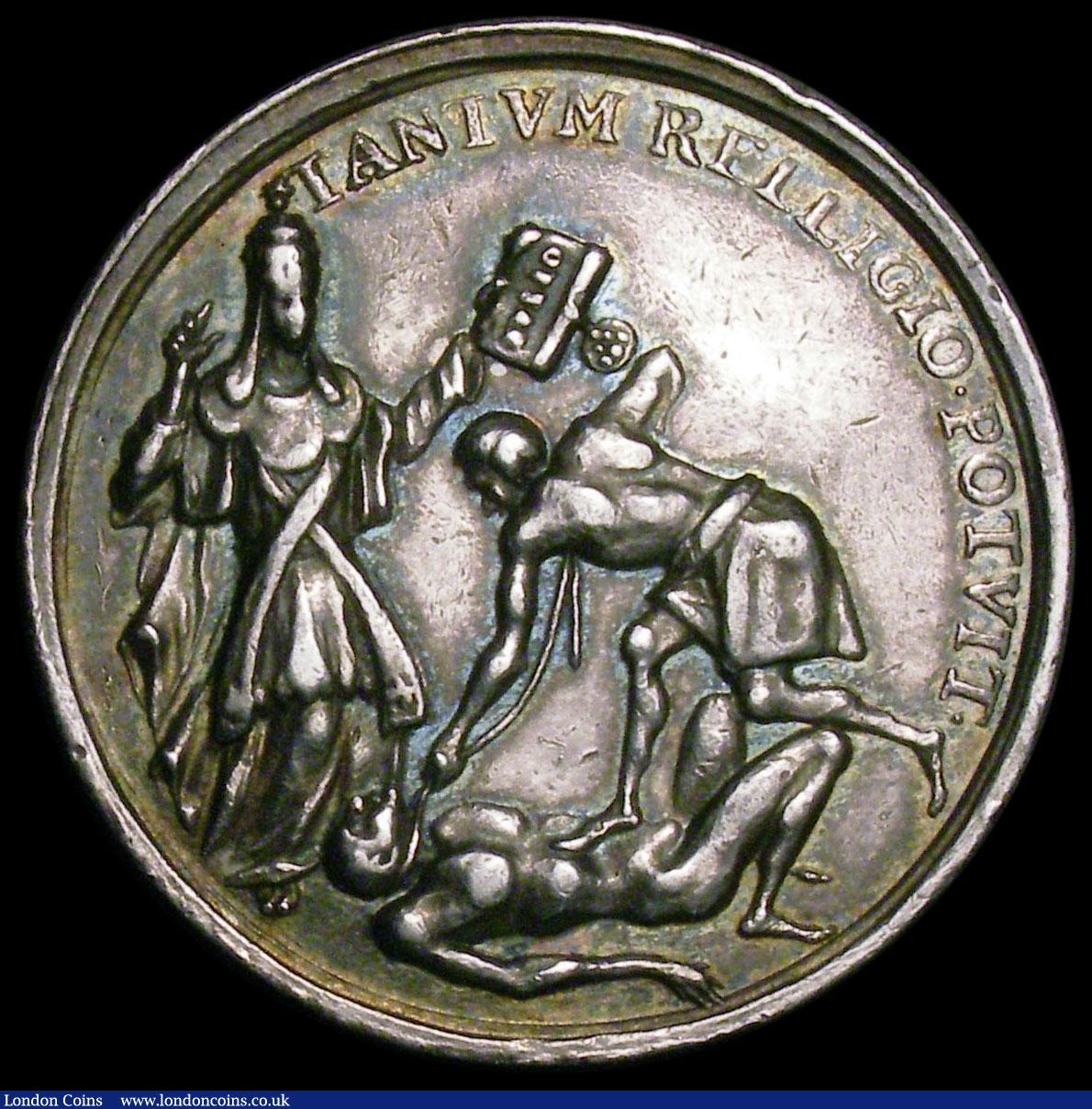 London Coins : A163 : Lot 77 : Murder of Sir Edmundbury Godfrey, 1678, 39mm diameter in silver by G. Bower, Eimer 257a Obverse:- bu...