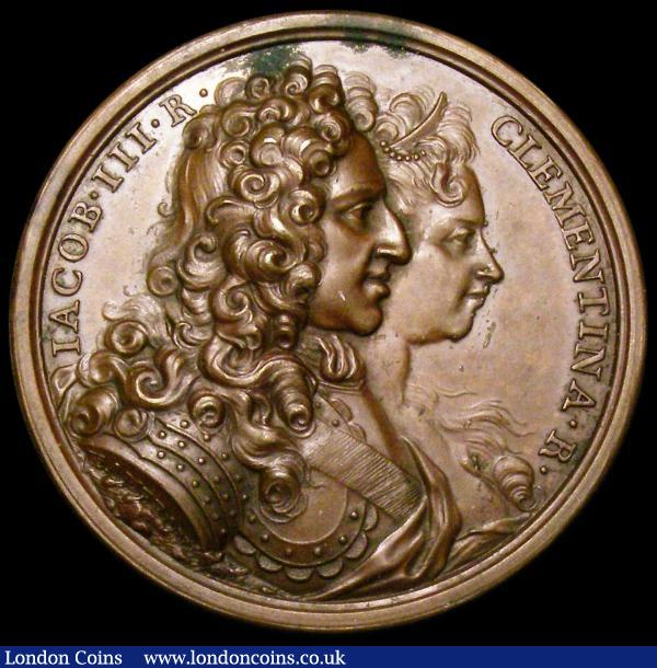 Birth of Prince Charles 1720 42mm diameter in bronze, by O.Hamerani, Obverse Busts conjoined right, IACOB.III.R.CLEMENTINA.R. Reverse Providence, leaning against a column, indicates to an infant in her arms the territories of Britain and Ireland, labelled ING.SC and IRL. on a globe, PROVIDENTIA OBSTETRIX. . in Exergue: CAROLO.PRINC:VALLIAE NAT:DIE.VLTIMA A: MDCCXX.  Eimer 488 GEF : Tokens : Auction 164 : Lot 588