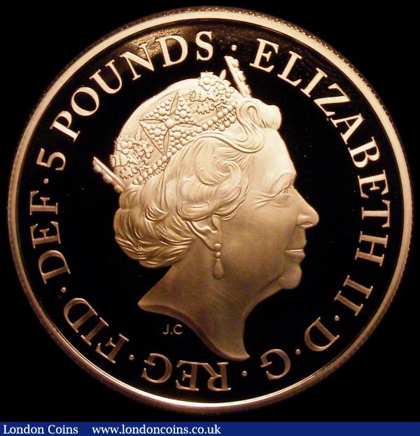 Five Pound Crown 2018 Prince George 5th Birthday Gold Proof S.L63 nFDC with a minor handling mark and a small tone spot visible under magnification, uncased in capsule, with no certificate, the Spink catalogue states only 175 minted, these all in sets, so a rare opportunity for the Five Pound Crown collector to purchase this coin as a single item : English Coins : Auction 164 : Lot 973