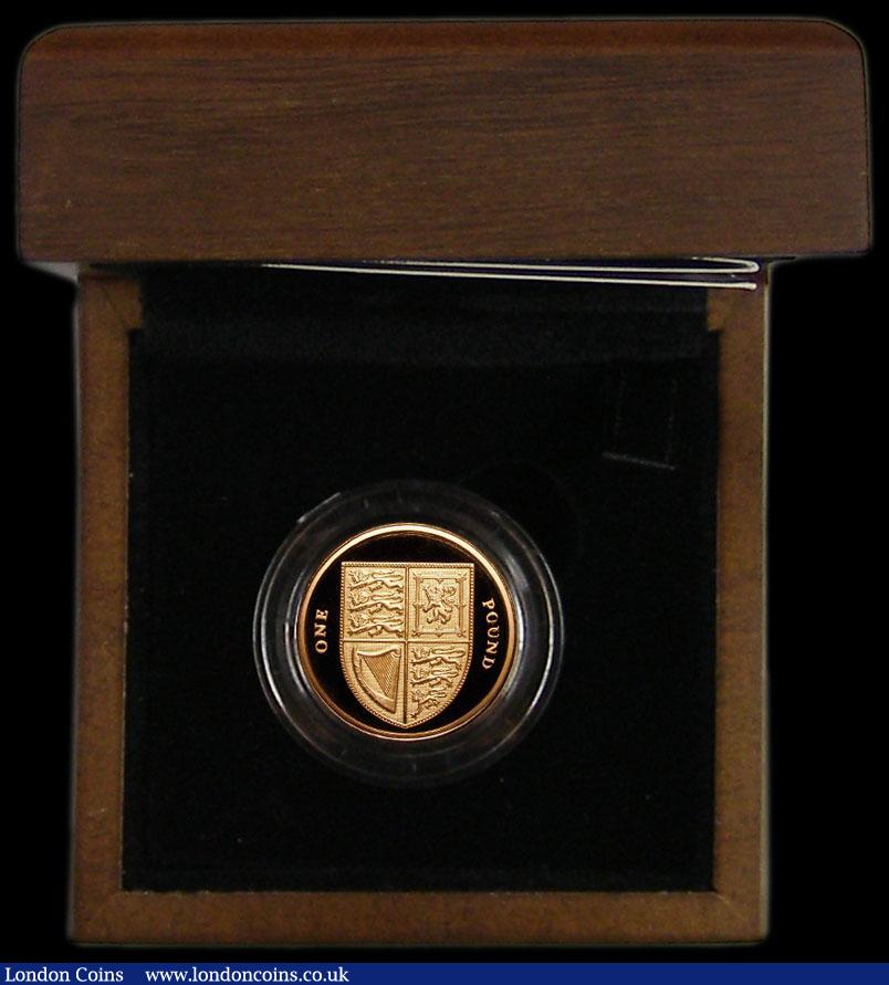 London Coins : A164 : Lot 118 : One Pound 2008 Royal Shield of Arms Gold Proof S.J27 FDC in the Royal Mint box of issue with the cer...