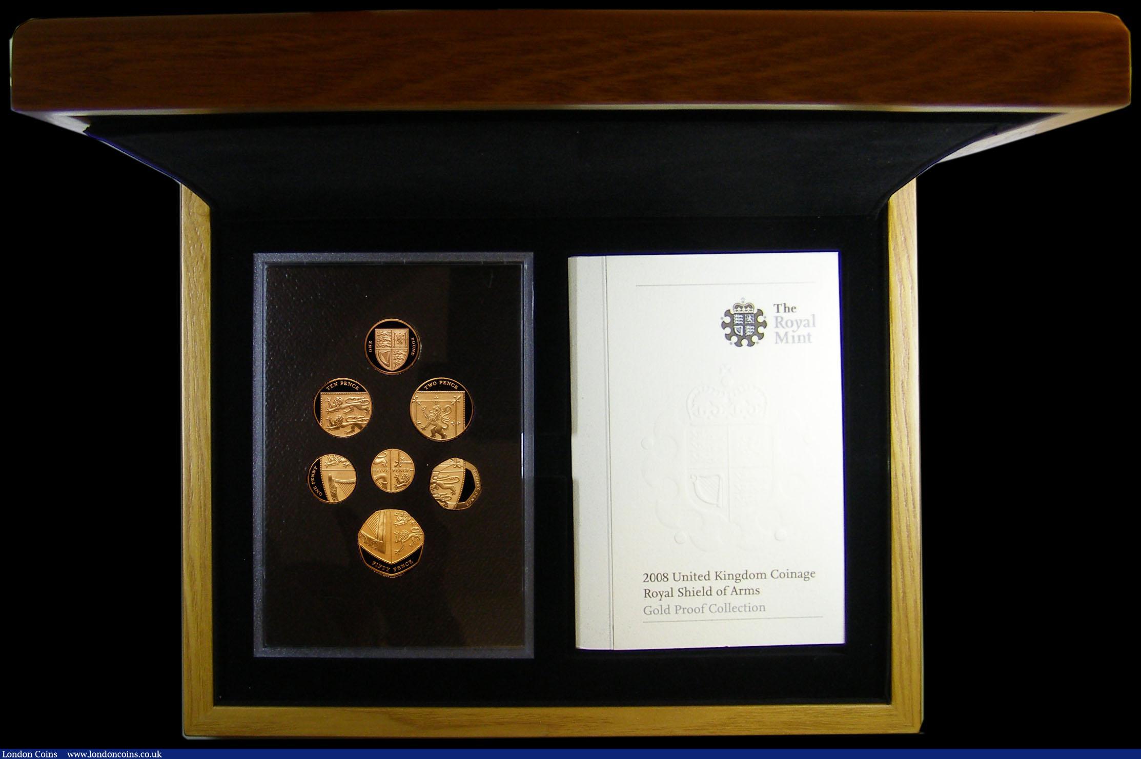 London Coins : A164 : Lot 138 : Proof Set 2008 Royal Shield of Arms, a 7 coin set One Pound to Penny in Gold Proof FDC in the wooden...