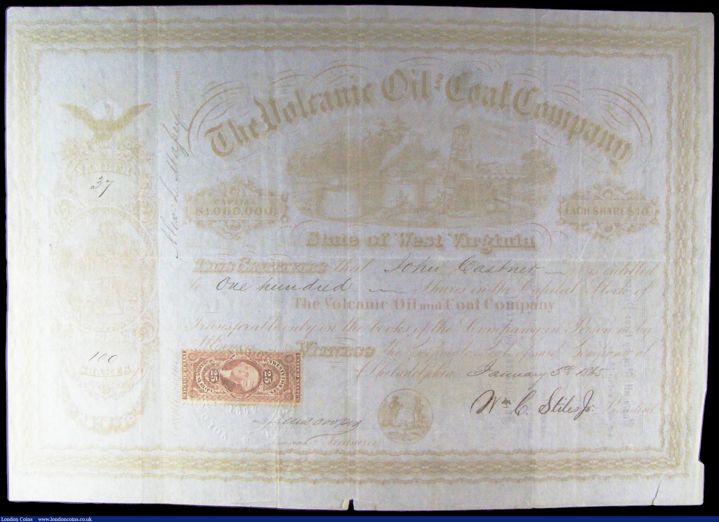 London Coins : A164 : Lot 20 : USA (2), New York Central Petroleum Company, New York, 1866 Certificate for 200 Shares, red with min...