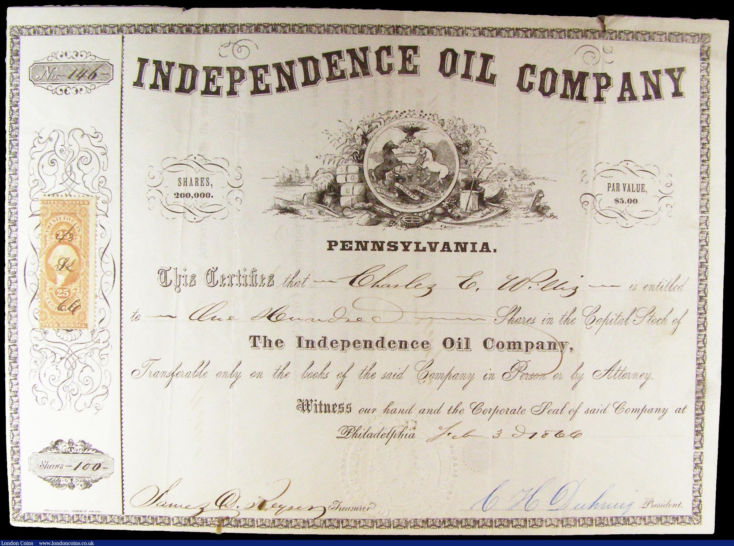 London Coins : A164 : Lot 21 : USA (2), The Independence Oil Company, Pennsylvania, 1866 Certificates for 100 Shares (2) both NVF, ...