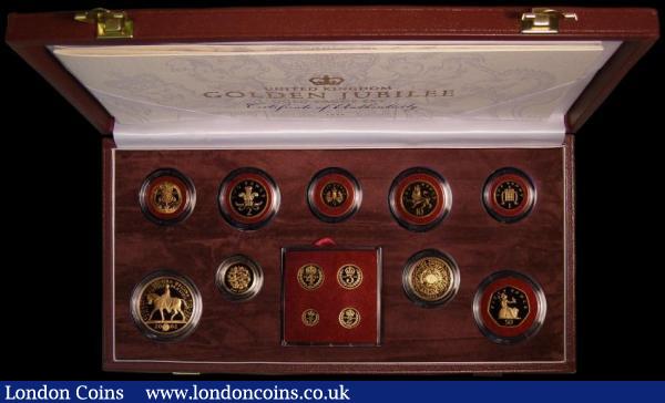 United Kingdom Golden Jubilee Gold Proof Set 2002 the very impressive Royal Mint issue comprising 2002 £5 Crown, £2 ,£1, 50/20/10/5/2 and 1 Pence plus Maundy Money all struck in gold, S.PGJS1, the Twenty Pence and Ten Pence with the lightest of toning nFDC to FDC in the  Royal Mint box of issue with certificate : English Cased : Auction 164 : Lot 219