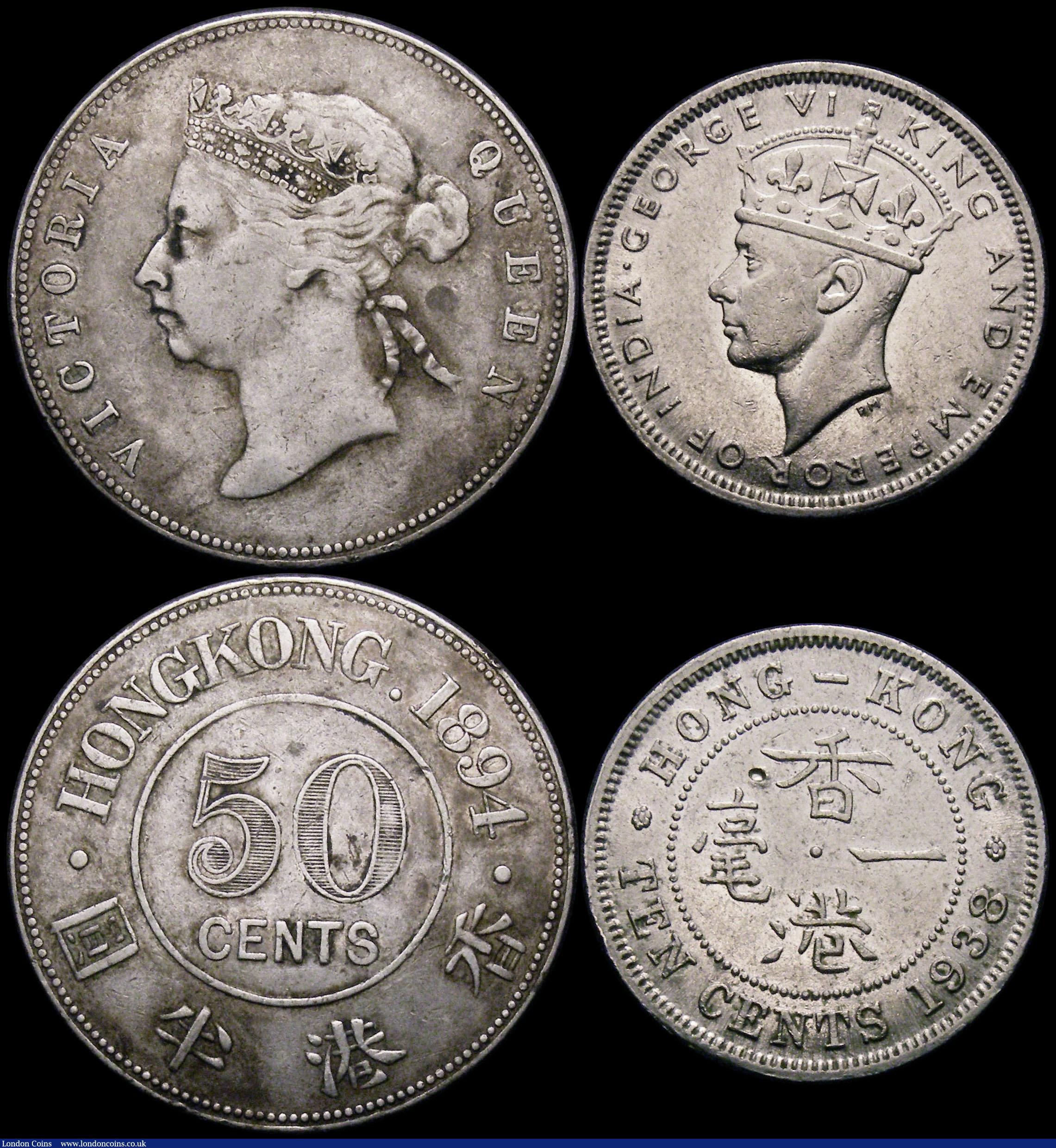London Coins : A164 : Lot 391 : Hong Kong (3) 50 Cents 1894 KM#9.1 Fine, unevenly toned, 10 Cents 1938 KM#23 GVF, One Cent 1903 KM#1...