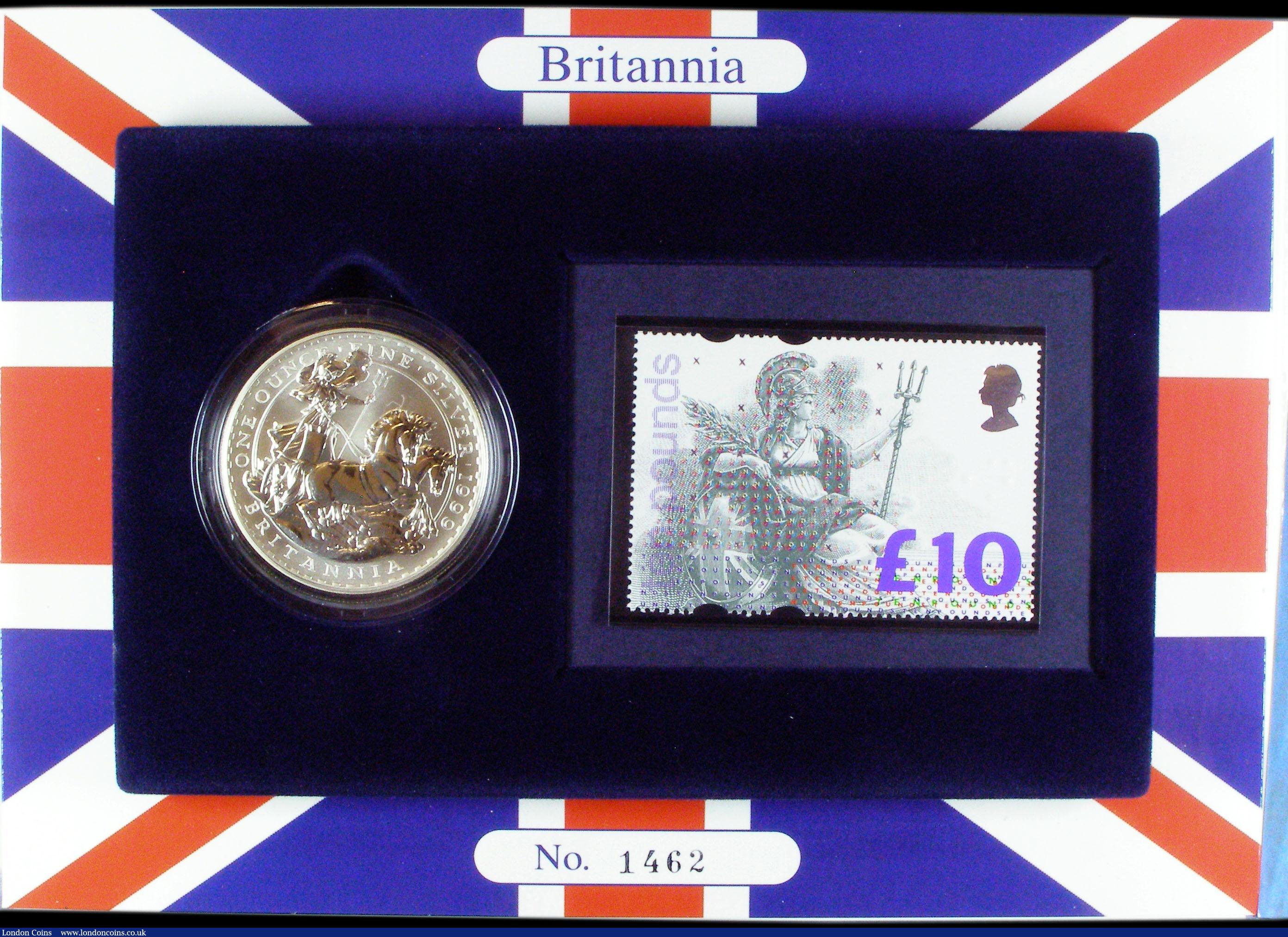 London Coins : A164 : Lot 52 : Britannia Silver Two Pounds and Ten Pound Stamp Set 1999 UNC in the wallet of issue, USA Silver Eagl...