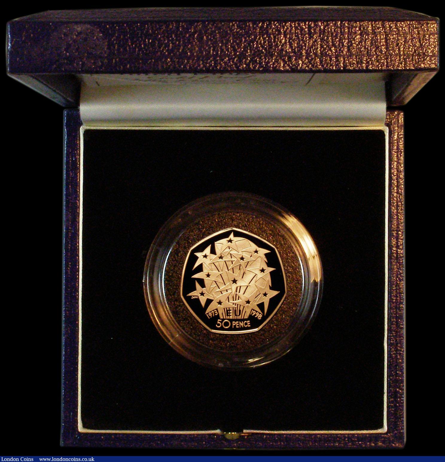 London Coins : A164 : Lot 56 : Fifty Pence 1998 EEC 25th Anniversary Gold Proof S.H9 nFDC with one small tone spot, in the Royal Mi...
