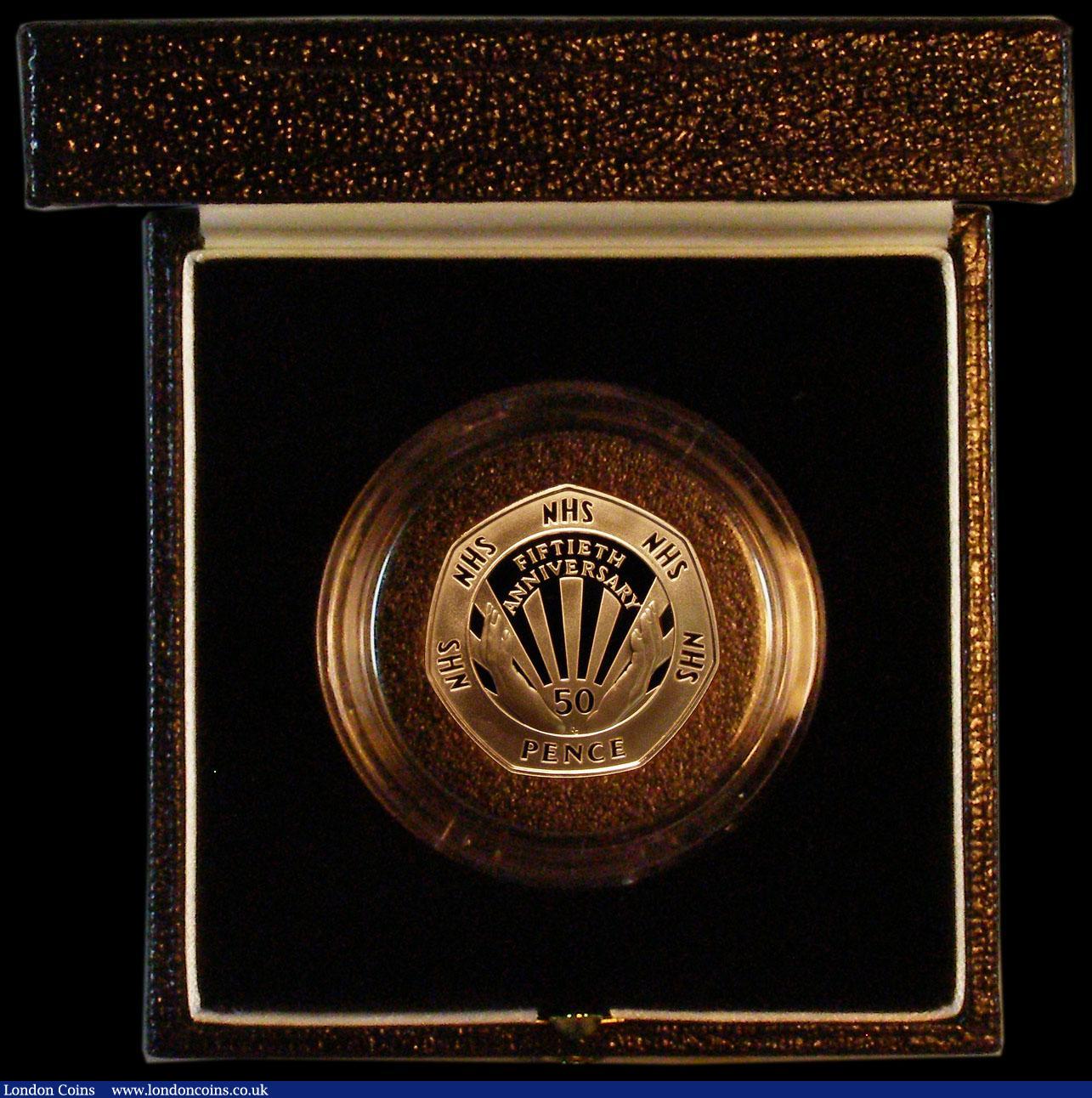 London Coins : A164 : Lot 57 : Fifty Pence 1998 NHS 50th Anniversary Gold Proof S.H10 FDC in the Royal Mint box of issue with certi...