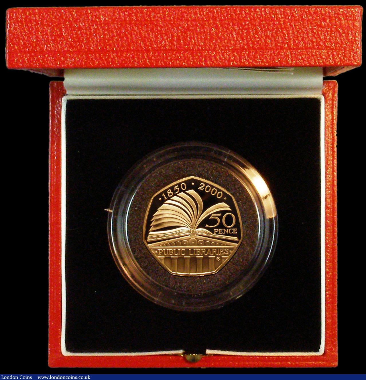 London Coins : A164 : Lot 58 : Fifty Pence 2000 150 Years of Public Libraries Gold Proof S.H11 nFDC in the Royal Mint box of issue ...